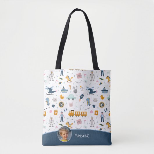 可愛いキッズパターン写真と名前ボーイブルーショッピング トートバッグ (正面)