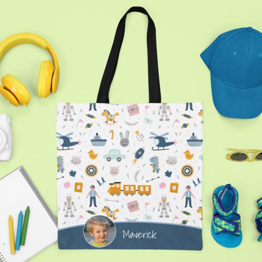可愛いキッズパターン写真と名前ボーイブルーショッピング トートバッグ