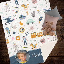 可愛いキッズパターン写真と名前ボーイブルー シェルパブランケット