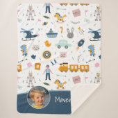 可愛いキッズパターン写真と名前ボーイブルー シェルパブランケット (正面)