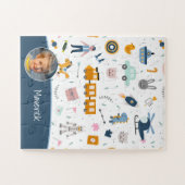 可愛いキッズパターン写真と名前ボーイブルー ジグソーパズル (横)