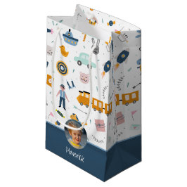 可愛いキッズパターン写真と名前ボーイブルー スモールペーパーバッグ