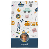 可愛いキッズパターン写真と名前ボーイブルー スモールペーパーバッグ (正面)