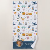 可愛いキッズパターン写真と名前ボーイブルー ビーチタオル (正面)