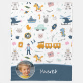 可愛いキッズパターン写真と名前ボーイブルー フリースブランケット (正面)