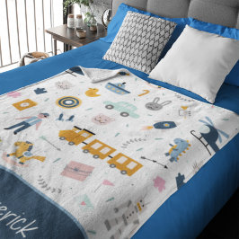 可愛いキッズパターン写真と名前ボーイブルー フリースブランケット