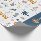 可愛いキッズパターン写真と名前ボーイブルー ラッピングペーパー (角)