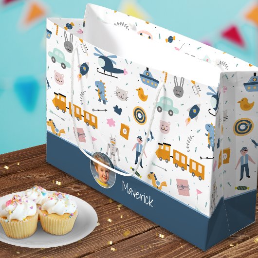 可愛いキッズパターン写真と名前ボーイブルー ラージペーパーバッグ