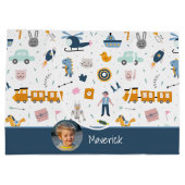 可愛いキッズパターン写真と名前ボーイブルー ラージペーパーバッグ (裏面)