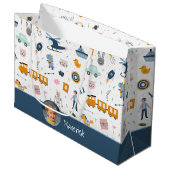 可愛いキッズパターン写真と名前ボーイブルー ラージペーパーバッグ (正面アングル)