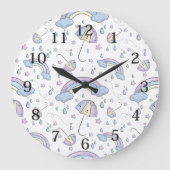 可愛いキッズパープルレインボーバックグラウンド ラージ壁時計 (正面)