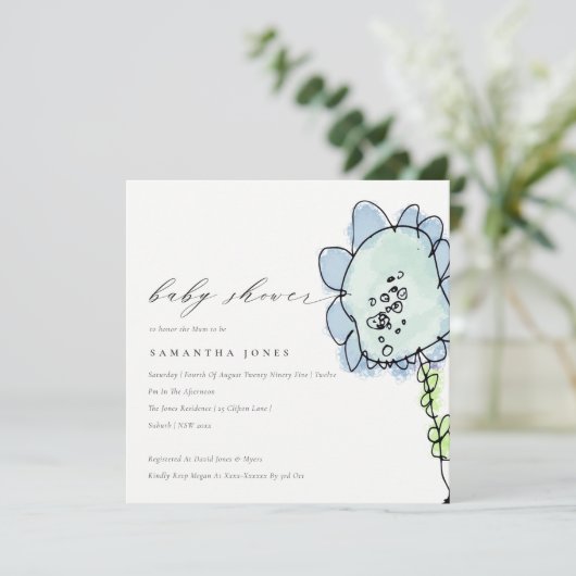 可愛いキッズブルー描フラワーボタニカル赤ちゃんシャワー 招待状 (スタンド正面)