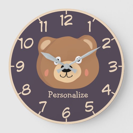 可愛いキッドテディベア漫画ブラウンベアのパーソナライズ ラージ壁時計 (正面)