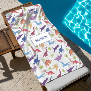 可愛いキッド恐竜のパタパーソナライズされたーン名 ビーチタオル