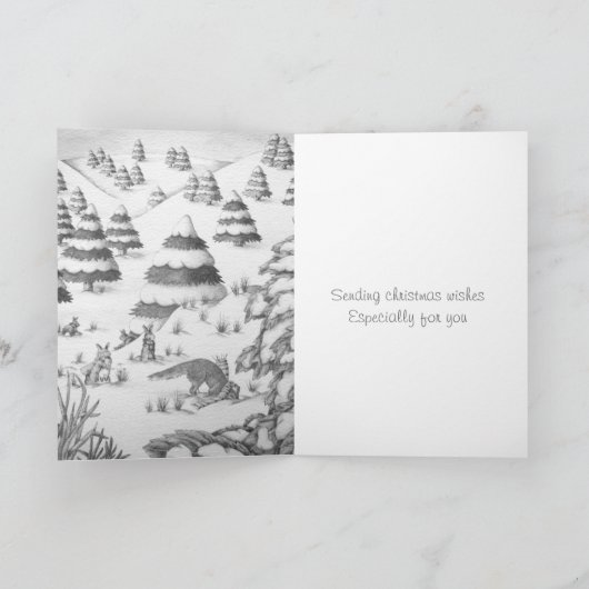 可愛いキツネとウサギのクリスマススノーシーン シーズンカード (内部)