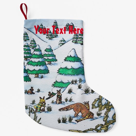 可愛いキツネとウサギのクリスマススノーシーン スモールクリスマスストッキング (正面)