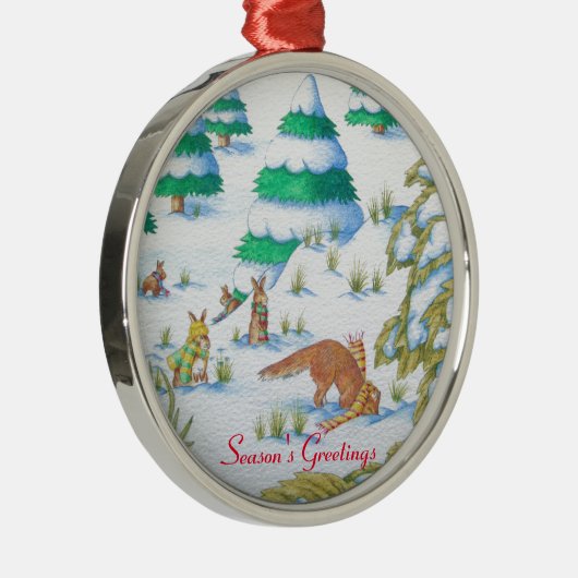 可愛いキツネとウサギのクリスマススノーシーン メタルオーナメント (右)