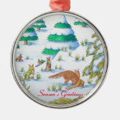 可愛いキツネとウサギのクリスマススノーシーン メタルオーナメント (正面)