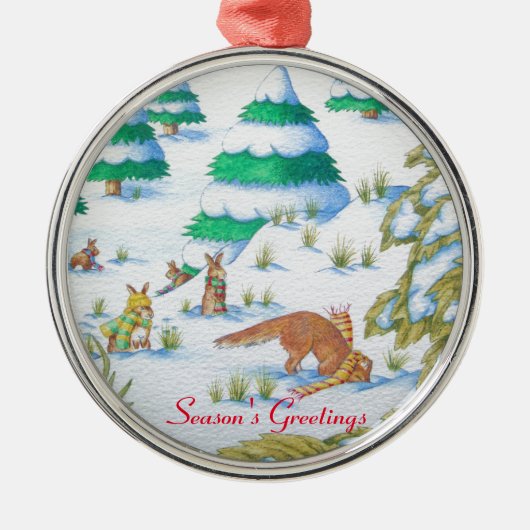 可愛いキツネとウサギのクリスマススノーシーン メタルオーナメント (正面)