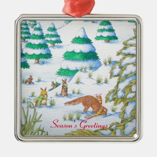 可愛いキツネとウサギのクリスマススノーシーン メタルオーナメント (正面)