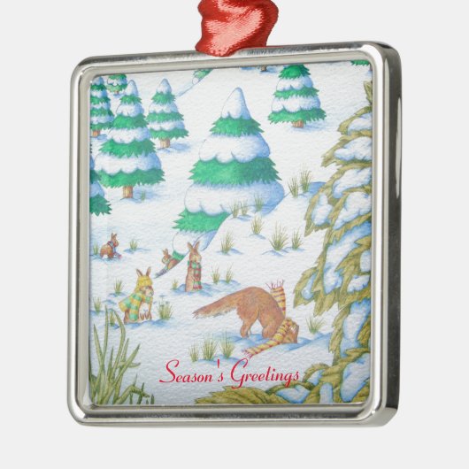 可愛いキツネとウサギのクリスマススノーシーン メタルオーナメント (左)