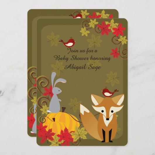 可愛いキツネとウッドランド動物秋赤ちゃんシャワー 招待状 (正面/裏面)