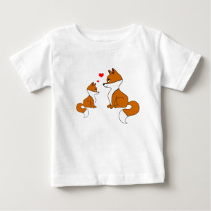可愛いキツネとハート、手描き ベビーTシャツ
