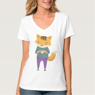 可愛いキツネに一杯のお茶 Tシャツ