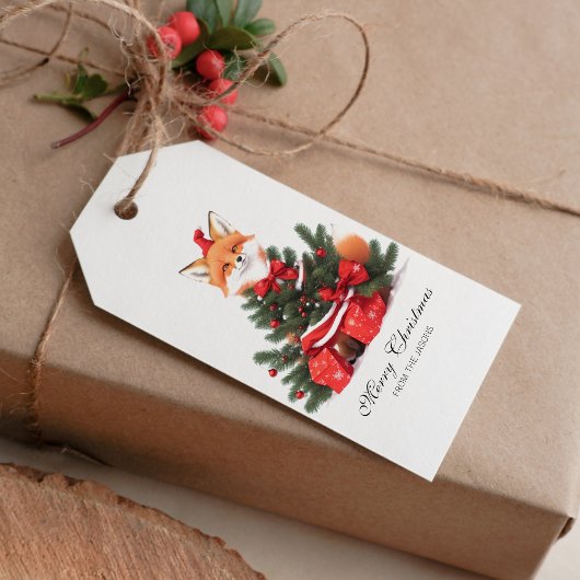 可愛いキツネインレッドサンタハットクリスマスパーソナライズされた ギフトタグ