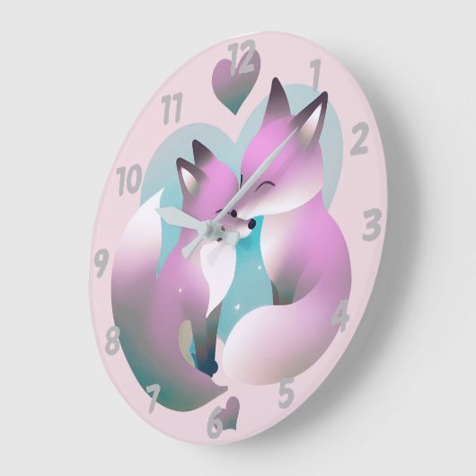 可愛いキツネキスをするピンクとグレーラウンド ラージ壁時計 (傾斜)