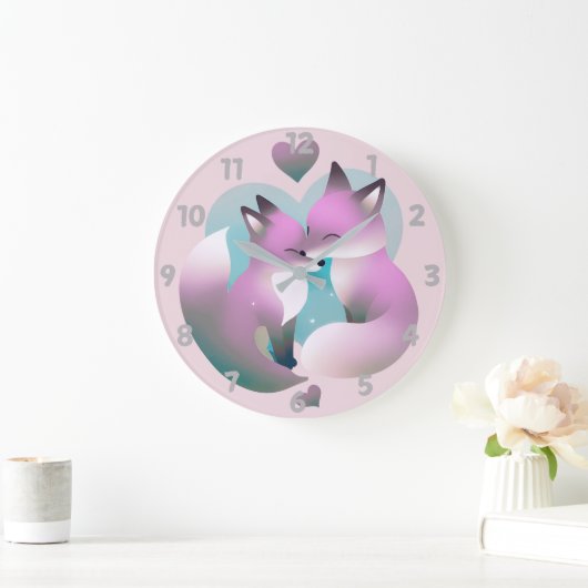 可愛いキツネキスをするピンクとグレーラウンド ラージ壁時計 (ホーム)
