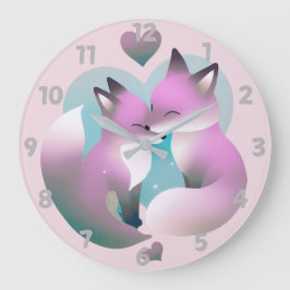 可愛いキツネキスをするピンクとグレーラウンド ラージ壁時計