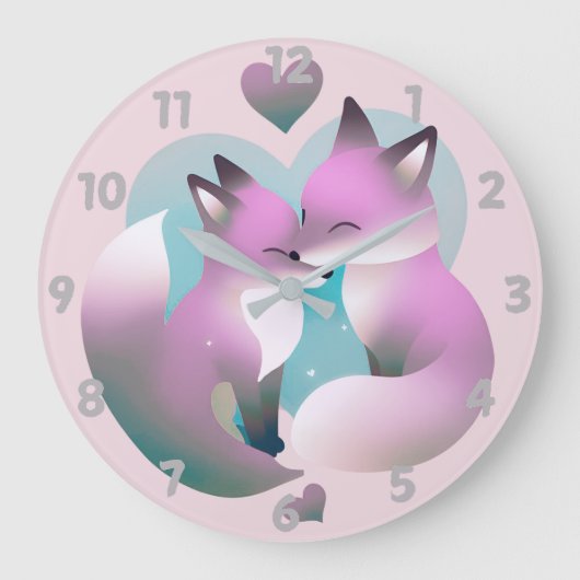 可愛いキツネキスをするピンクとグレーラウンド ラージ壁時計 (正面)