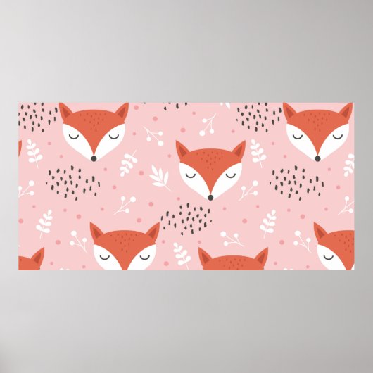 可愛いキツネシームレスパターン、オオカミの手描き森 ポスター (正面)