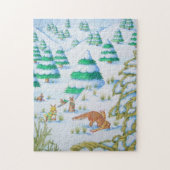 可愛いキツネ遊とウサギの雪景色 ジグソーパズル (縦)