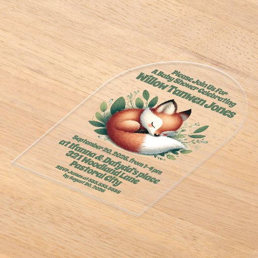 可愛いキツネ離れが赤ん坊シャワーで寝る アクリル招待状 (レイダウン)