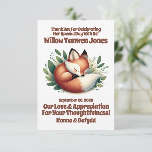 可愛いキツネ離れが赤ん坊シャワーで寝る サンキューカード (スタンド正面)