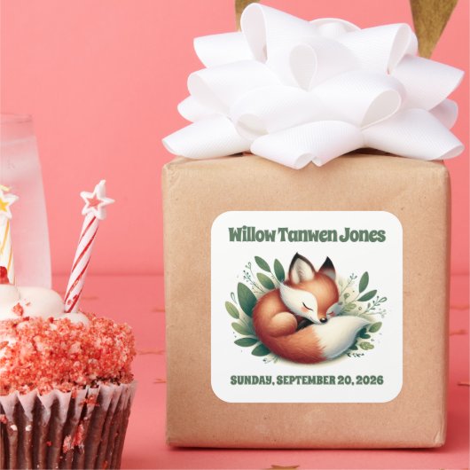 可愛いキツネ離れが赤ん坊シャワーで寝る スクエアシール (パーティー)