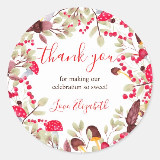 可愛いキノコ素朴な森あなた感謝していの赤ちゃんシャワー ラウンドシール (正面)