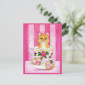 可愛いキャットティーカップヴァレンティーンズデイピンク葉書 ポストカード (スタンド正面)