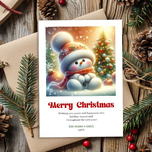 可愛いキャラクターの雪だるまの赤と緑とゴールドのクリスマスカード シーズンカード