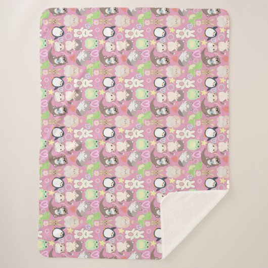 可愛いキャラクター柄LピンクBG シェルパブランケット (正面)
