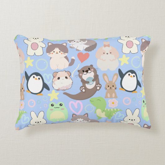 可愛いキャラクター柄LブルーBG アクセントクッション (正面)
