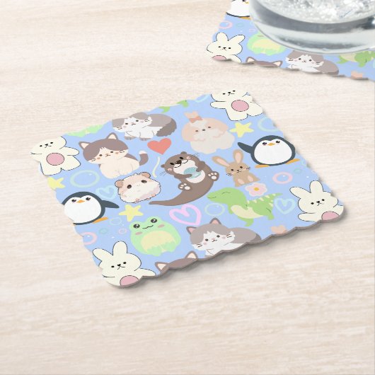 可愛いキャラクター柄LブルーBG ペーパーコースター (アングル)