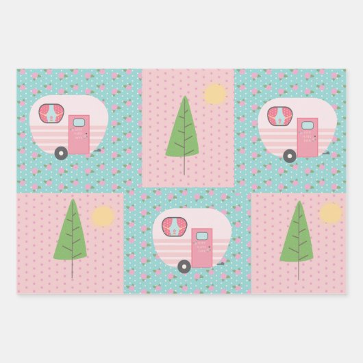 可愛いキャラバンテントと木々Glamping ラッピングペーパーシート (正面3)