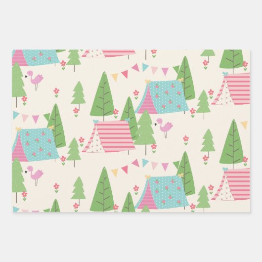 可愛いキャラバンテントと木々Glamping ラッピングペーパーシート (正面)