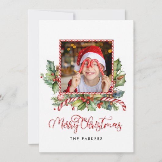 可愛いキャンディーケーンメリークリスマスフローラ写真 シーズンカード (正面)