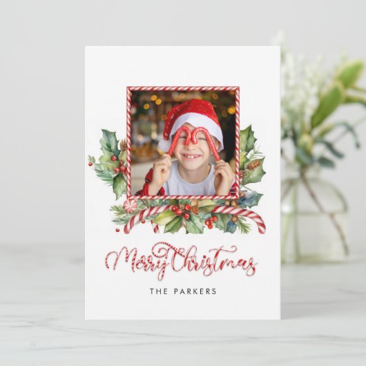 可愛いキャンディーケーンメリークリスマスフローラ写真 シーズンカード (スタンド正面)