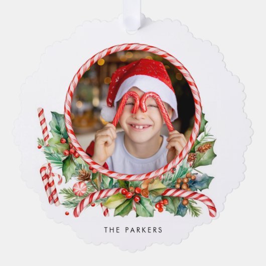 可愛いキャンディーケーン&クリスマスフローラ写真 オーナメントカード (正面)