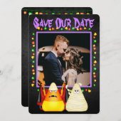 可愛いキャンディーコーンカップル結婚ハロウィーン セーブザデート (正面/裏面)